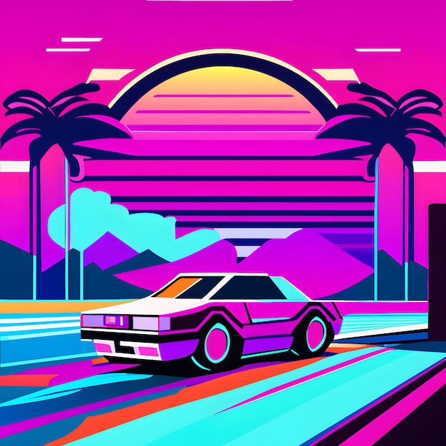 l'auto sta guidando nel tramonto illustrazione vaporwave