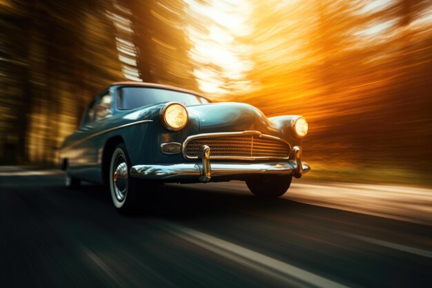 L'auto sta guidando su una strada di campagna con un effetto di sfocamento del movimento L'auto retrò si muove ad alta velocità nel paesaggio naturale