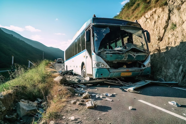 L'autobus è caduto dalla scogliera sulla strada in montagna IA generativa