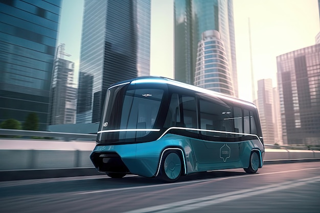 L'autobus elettrico futuristico passa davanti a un paesaggio urbano futuristico con alti grattacieli sullo sfondo