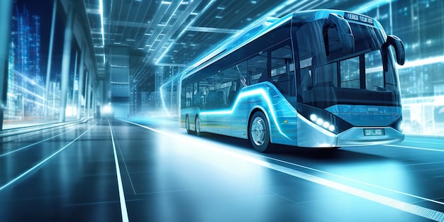 L'autobus elettrico moderno attraversa la città futuristica mettendo in mostra il concetto di trasporto ecologico contemporaneo IA generativa