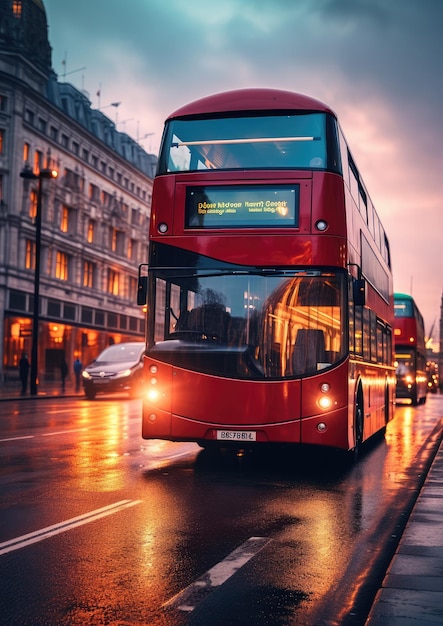 L'autobus moderno trasporta passeggeri in città con una lunga esposizione al tramonto Generative Ai