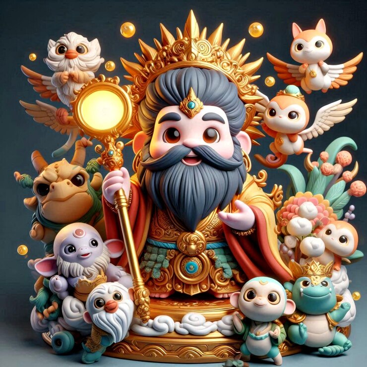 L'avatar in stile 3D del Re delle Scimmie circondato da creature mistiche con un globo d'oro