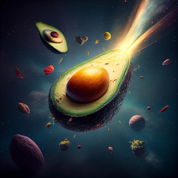 L'avocado viaggia nello spazio esplora la coda stellare dell'universo attorno all'astronomia creativa surreale del frutto