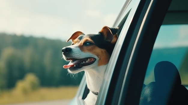 L'avventura di viaggio di un cane felice su un soleggiato giro in macchina IA generativa