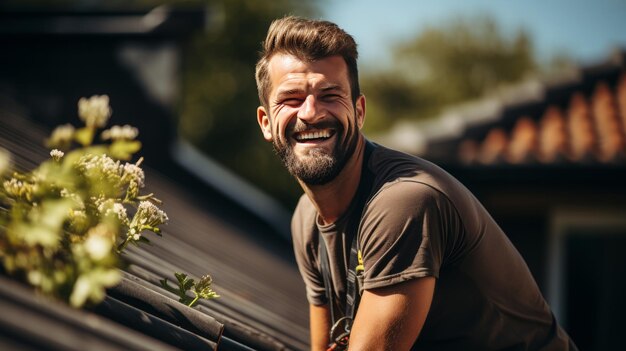 L'avventura gioiosa sul tetto Un uomo che pulisce le grondaie con un sorriso in splendore assolato AR 169