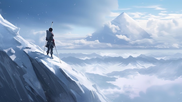 L'avventuriero si trova in cima all'illustrazione dell'arte digitale di una montagna di neve IA generativa