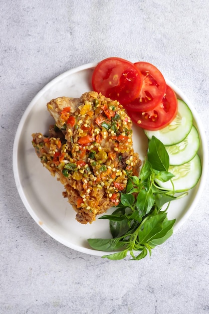 L'Ayam Geprek è fatto con pollo croccante schiacciato con salsa all'aglio e peperoncino sambal bawang