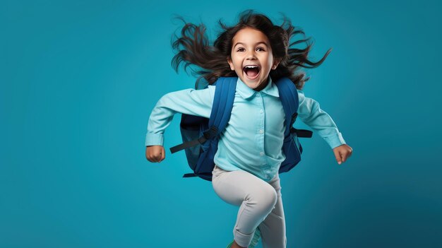 l'eccitazione di un bambino adorabile con un grande zaino che salta e si diverte contro una parete blu vibrante