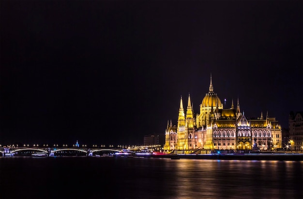 L'edificio del parlamento ungherese sul fiume Danubio di notte
