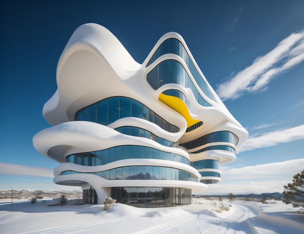 L'edificio è coperto di neve e il tetto è coperto di neve.