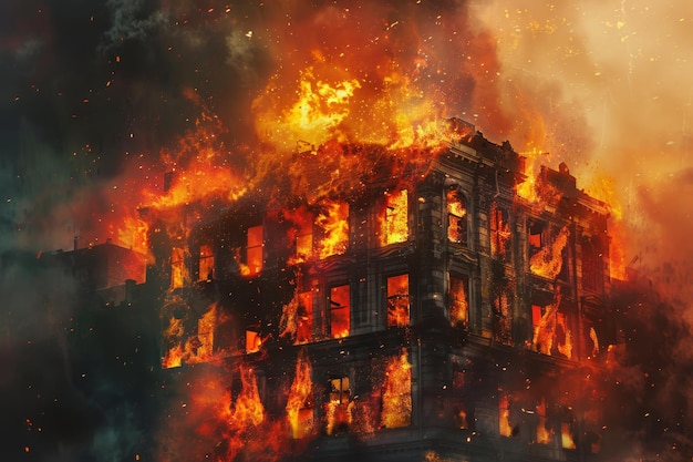 L'edificio inghiottito dalle fiamme. I vigili del fuoco combattono le fiamme in mezzo al fumo e al caos.