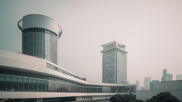 L'edificio sullo sfondo è un edificio con una grande facciata in vetro.