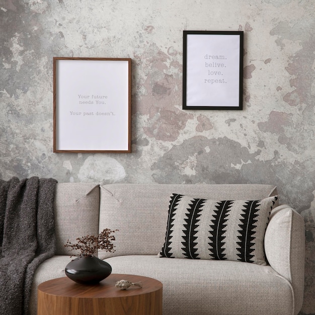 L'elegante composizione all'interno del soggiorno con finto design della cornice del poster divano grigio tavolino da caffè lampada appendiabiti ed eleganti accessori personali Loft e interni industriali TemplatexD