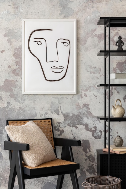 L'elegante composizione degli interni di wabi sabi con poster mock up cremagliera nera poltrona marrone con cuscino e accessori personali Muro di cemento grigio Modello di arredamento per la casa