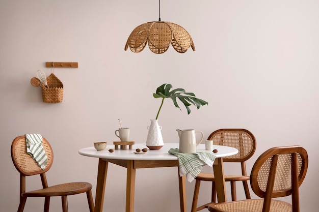 L'elegante sala da pranzo con tavolo rotondo, sedia in rattan, lampada e accessori da cucina Foglia verde in vaso Modello di arredamento per la casa da parete beige