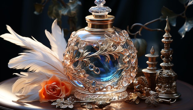 L'elegante vaso antico contiene una bottiglia di vetro decorata, un lussuoso souvenir generato dall'intelligenza artificiale