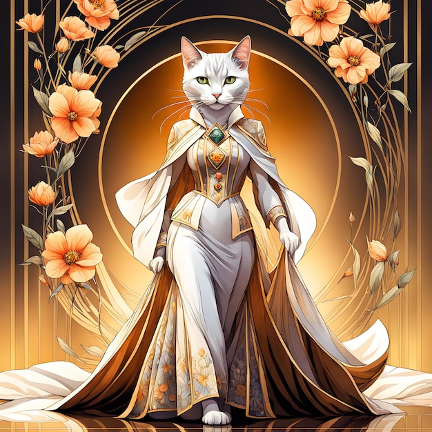 L'elegante vestito di gatto con fiori mostra un'affascinante combinazione di disegni a righe e acquerelli