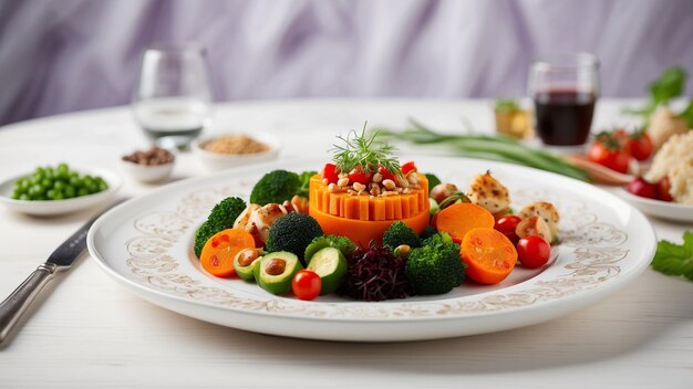 l'eleganza della cucina vegetariana fotografando un piatto di cibo vegetale ben bilanciato su un bianco pulito