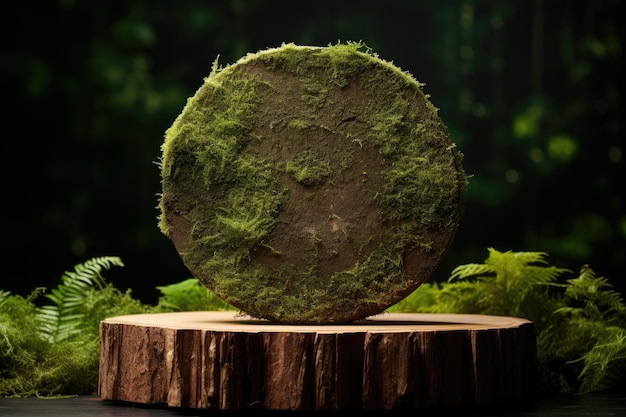 L'eleganza della natura che mette in mostra la bellezza con il podio della fetta di legno e lo sfondo del muschio verde