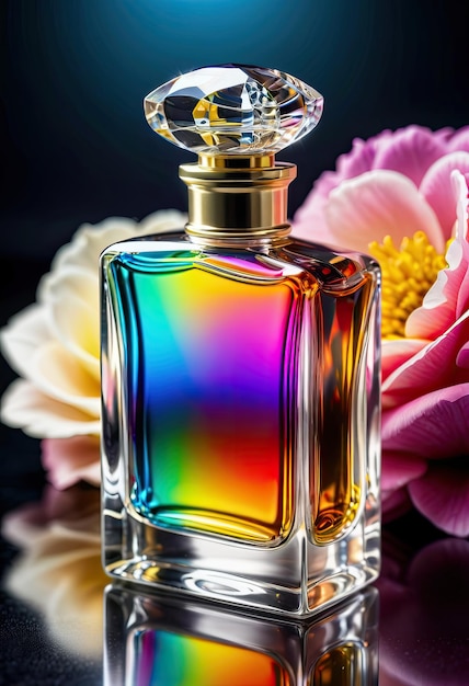 l'eleganza di una bottiglia di profumo antico trasparente che riflette colori brillanti attraverso una luce graziosa