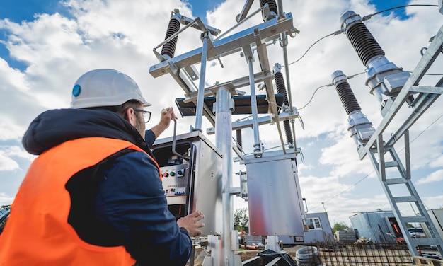 L'elettricista dell'ingegnere controlla il processo di costruzione della sottostazione