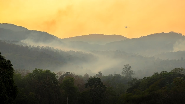 L'elicottero dei servizi di emergenza fa cadere acqua per spegnere gli incendi boschivi