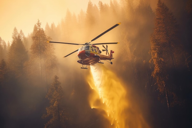 L'elicottero di salvataggio spegne un incendio boschivo facendo cadere una grande quantità d'acqua su una conifera in fiamme
