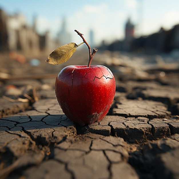 L'emblematica mela sulla terra arida illustra l'insicurezza alimentare, la scarsità d'acqua, la crisi agricola Per S