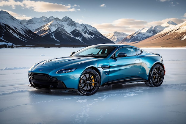 L'emozione di guidare un'elegante e potente Aston Martin Vantage su una strada ghiacciata circondata da ghiaccio