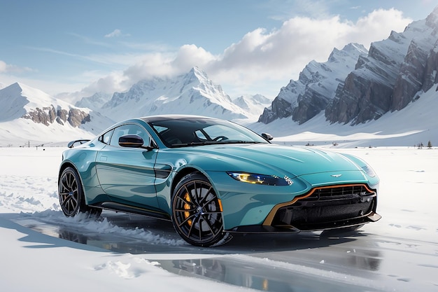 L'emozione di guidare un'elegante e potente Aston Martin Vantage su una strada ghiacciata circondata da ghiaccio