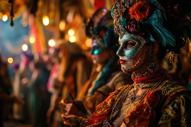 l'energia di un carnevale di Purim è palpabile con i partecipanti in costumi stravaganti e maschere colorate illuminate dalle incantevoli luci serali che creano un'atmosfera festiva