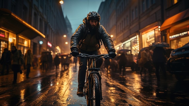 L'energia e l'entusiasmo di una strada cittadina in un primo piano di un ciclista