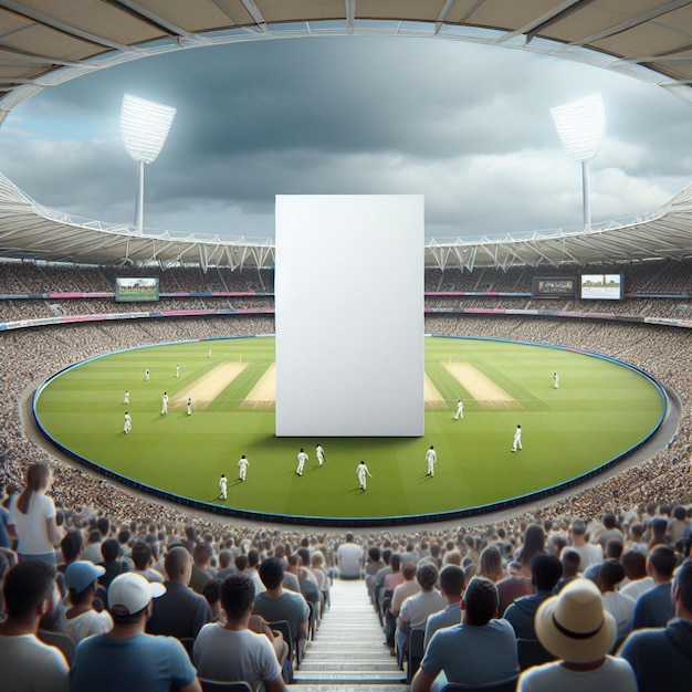 l'energia urbana incontra il marketing digitale in un modello di poster bianco in un vivace stadio di cricket