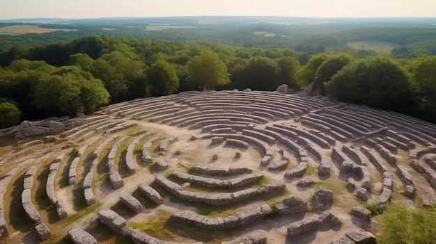 L'enigmatico labirinto di pietra con la sua complessa rete di percorsi invita alla contemplazione e alla speculazione sul suo scopo e sul significato profondo Generato dall'IA