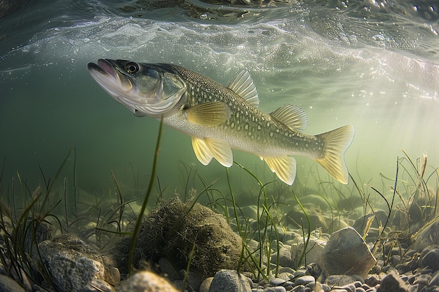 L'enigmatico pesce Arowana caccia vicino alla superficie dell'acqua