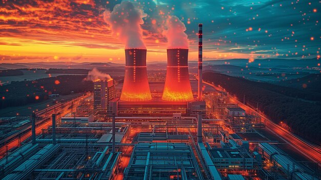 L'enorme centrale nucleare emette fumo nel cielo che simboleggia la produzione industriale di energia