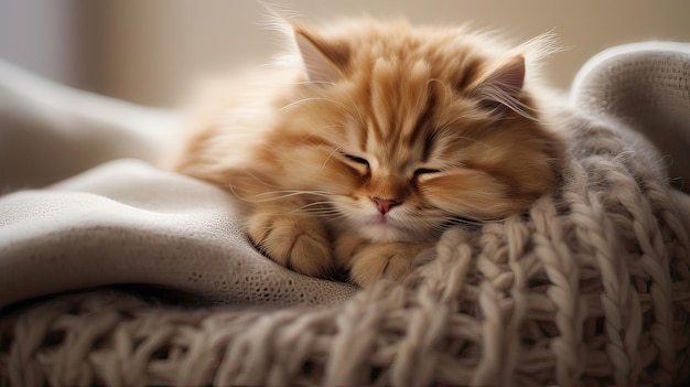 L'epitome della comodità un gatto soffice si poggia su una morbida coperta a maglia che irradia calore e soddisfazione un animale domestico felino rilassamento coccoloso furrare adorabile caldo domestico generato da AI
