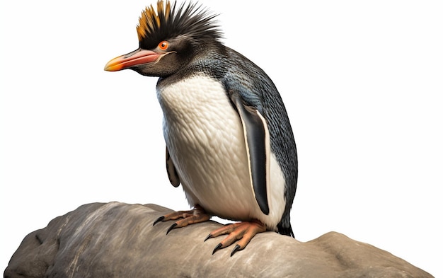 L'equilibrio di un pinguino rockhopper settentrionale isolato su uno sfondo bianco