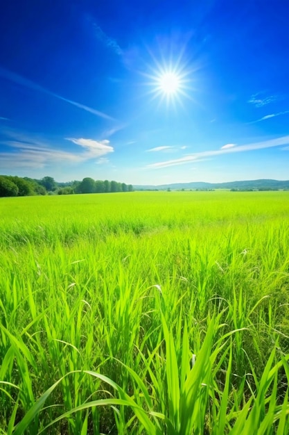 L'erba lussureggiante copre il paesaggio sotto un cielo luminoso e soleggiato