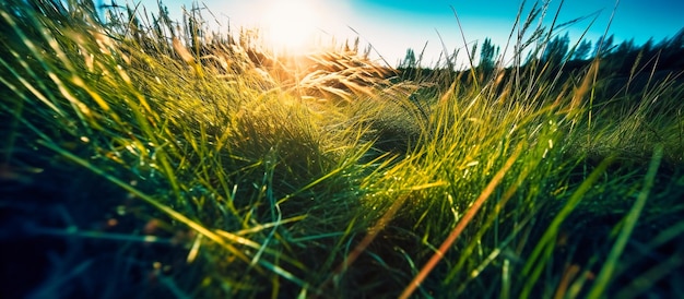 L'erba verde che domina il cielo blu e il sole con i raggi di luce che scorrono attraverso