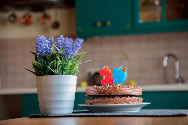 L'erba viola in vaso bianco e la torta al cioccolato con le candele simboleggiano 29 anni su un tavolo in cucina. Immagine della stagione primaverile