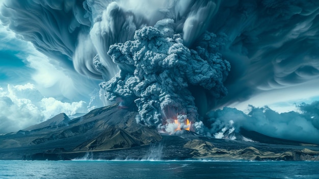 L'eruzione vulcanica sullo sfondo di un cielo tempestoso scatena la furia della natura
