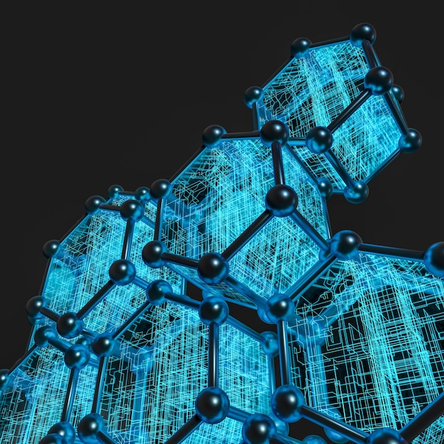 L'esagono blu e le linee luminose hanno attraversato il rendering 3d