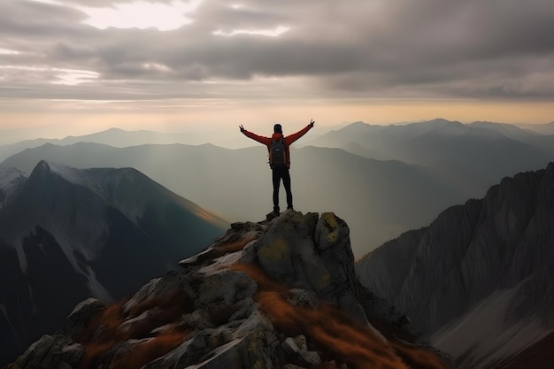 L'escursionista femminile con lo zaino ha alzato le mani per celebrare la riuscita scalata alla cima della montagna neurale