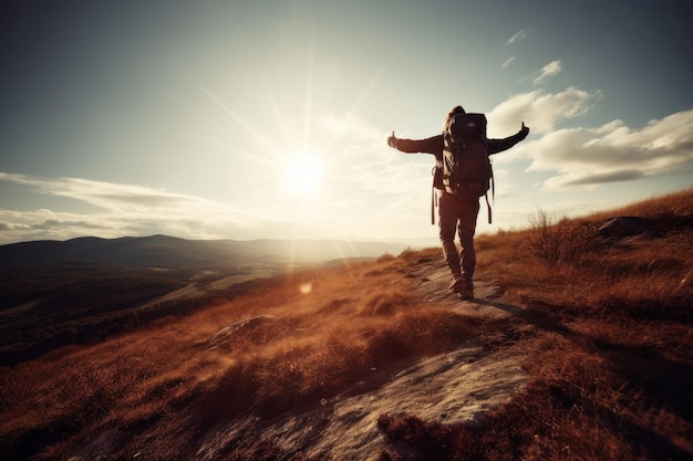 L'escursionista va contro il cielo e il sole Concetto di escursionismo AI generativo