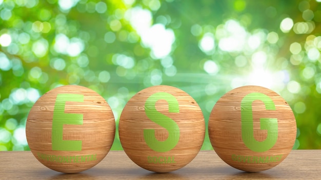 L'esg verde su palla di legno per il concetto di eco o ambiente 3d renderingxA