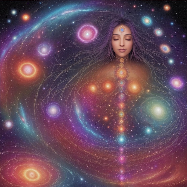 L'espansione cosmica donna cosmica sette chakra come centri di energia radiante sospesi nell'universo astrologia l'universo stesso è un paesaggio onirico surreale con galassie vorticose nebulose