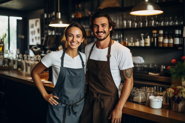 L'esperienza della vibrante caffetteria Baristi allegri in grembiule in piedi