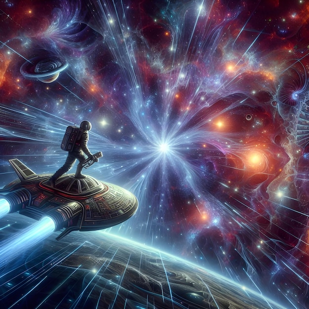 L'esploratore cosmico attraversa il vuoto intergalattico su una nave spaziale in mezzo a una cascata di radiazioni cosmiche